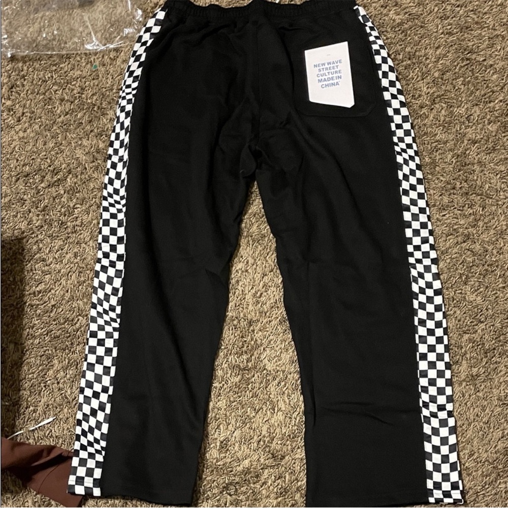 Black Track Pants with Checkerboard Side Stripes - Picture 2 of 3